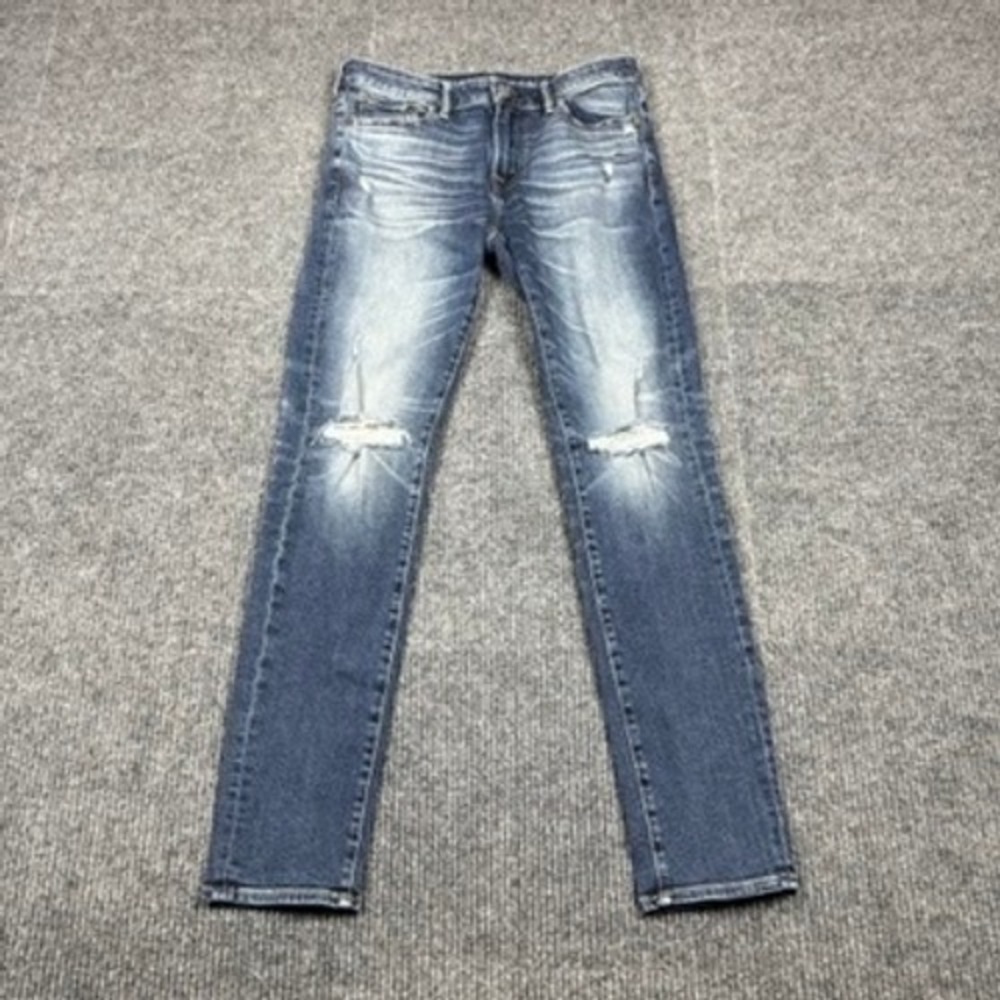 American Eagle Skinny Jeans Mens 32x34 Next Level Airflex Distressed Blue 4853